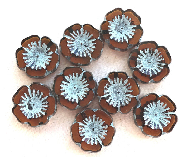 Five 14mm table cut, carved, transparent dark brown, smokey topaz & blue picasso, Czech glass hibiscus Hawaiian flower beads, C05105 - Glorious Glass Beads