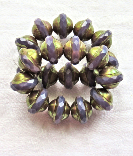 Ten Czech glass saturn beads - 8 x 10mm - opaque purple / amethyst silk faceted saucer beads with a bronze picsso finish C85101
