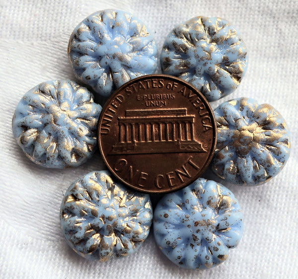 Five Czech glass Dahlia flower beads, Opaque Sky Blue with gold spatter - 14mm floral disc or coin beads C0905
