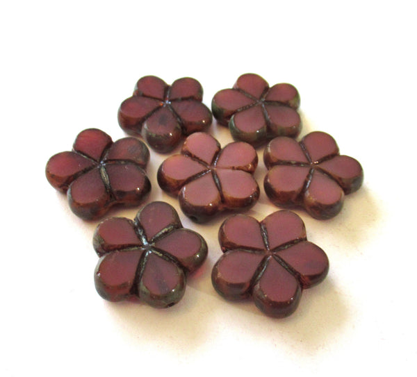 Lot of five Czech glass flower beads - 17mm table cut carved translucent dark pink or mauve picasso accents 00091