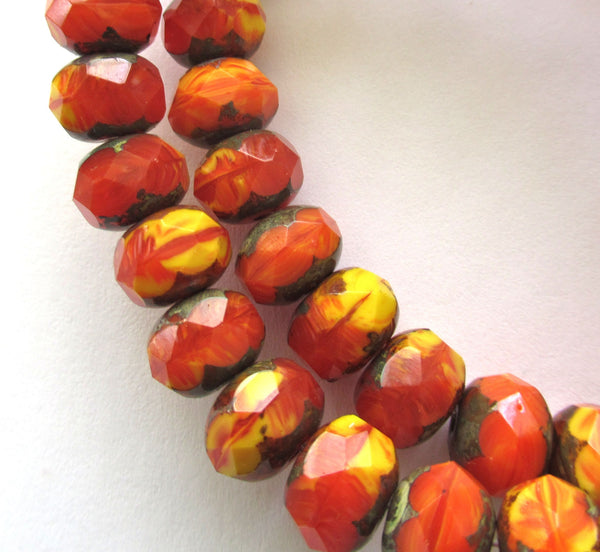 25 6 x 9mm Czech glass puffy rondelle beads - faceted translucent orange and opaque yellow color mix yellow picasso rustic rondelles C00523