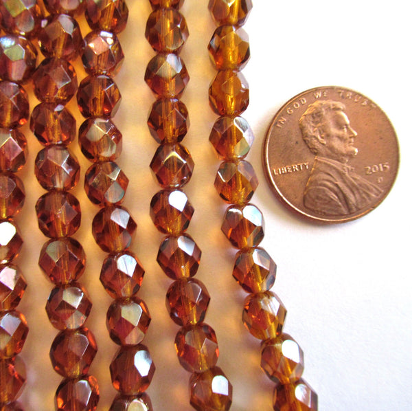 25 faceted round Czech glass beads - 6mm fire polished topaz (brown) celsian beads - C0025