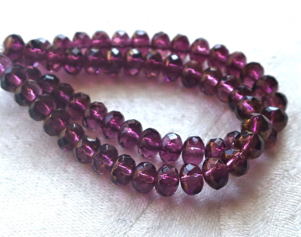 30 small, puffy rondelle beads, purple, amethyst golden luster 3mm x 5mm faceted Czech glass rondelles 53101 - Glorious Glass Beads