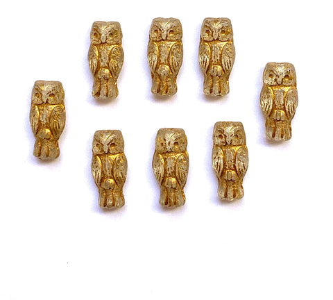 10 Czech glass owl beads - top drilled 7 x 15mm crystal clear with gold wash pressed glass beads C0093