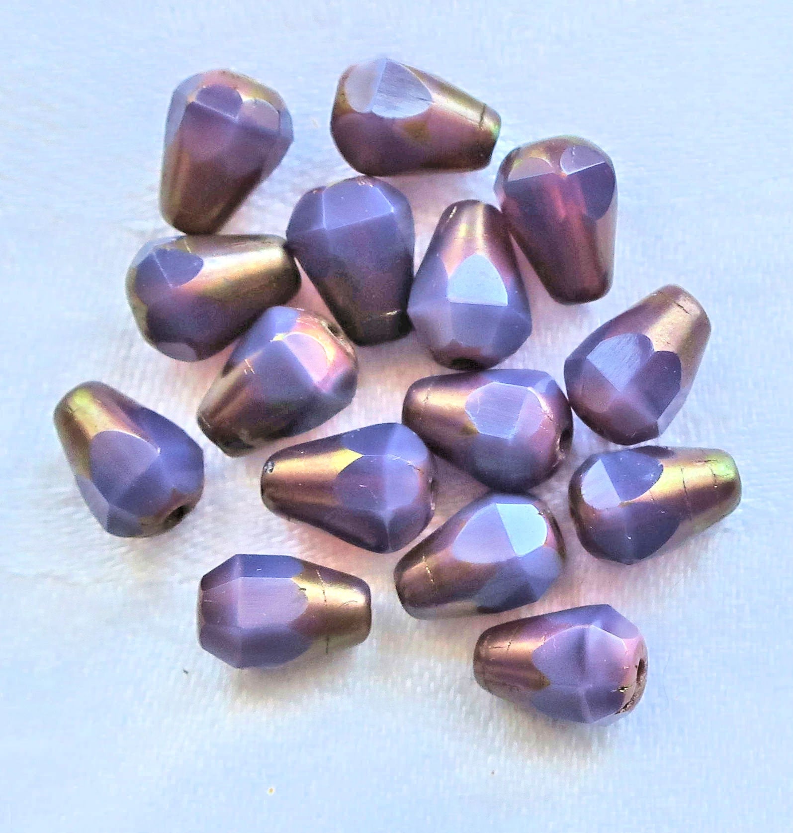 Lot of 15 8 x 6mm Czech glass teardrop beads - opaque purple silk with a bronze accents - special cut, faceted, firepolished beads C04101 - Glorious Glass Beads