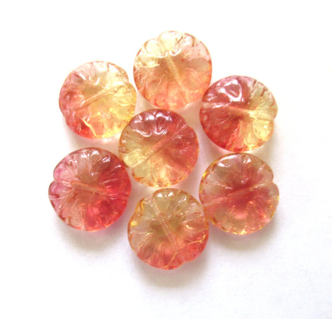 Five Czech glass Dahlia flower beads - 14mm transparent red and yellow beads - 0007