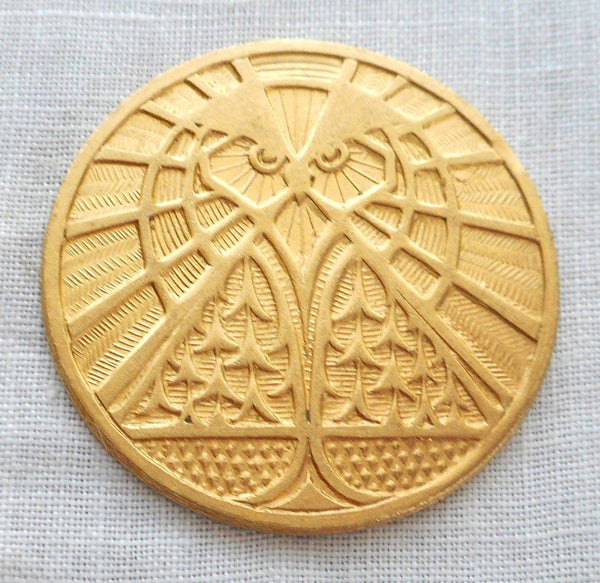 One raw brass art nouveau deco owl medallion, pendant, charm, brass stamping, 31mm, made in the USA C6601