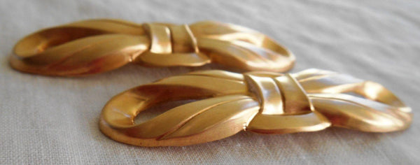 Two large raw brass ribbon bow connectors, pendants, brass stampings, 58mm x 11mm, made in the USA C6401 - Glorious Glass Beads
