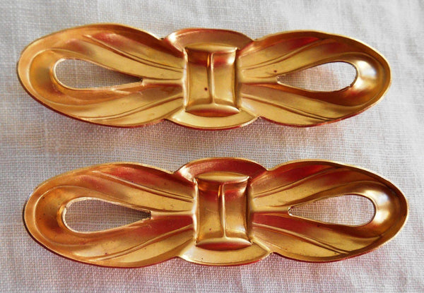 Two large raw brass ribbon bow connectors, pendants, brass stampings, 58mm x 11mm, made in the USA C6401 - Glorious Glass Beads