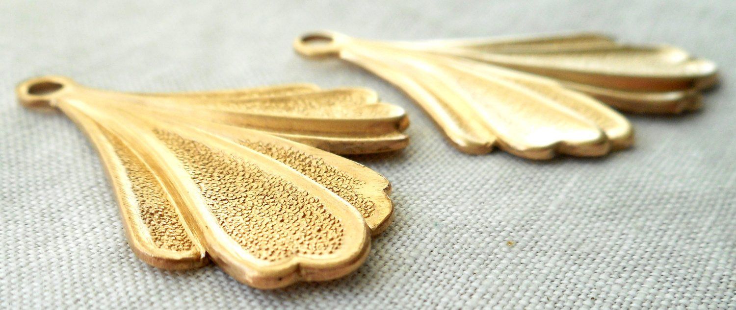 Two raw brass leaf stampings, art nouveau, deco, retro, stylized Ginko leaves, pendants, charms, earrings 32mm in by 25mm, USA made, 3802 - Glorious Glass Beads