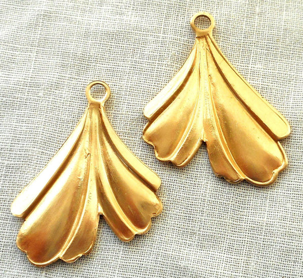 Two raw brass leaf stampings, art nouveau, deco, retro, stylized Ginko leaves, pendants, charms, earrings 32mm in by 25mm, USA made, 3802 - Glorious Glass Beads