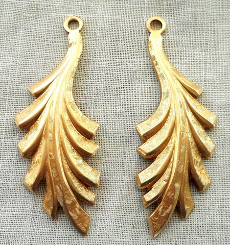 Two raw brass leaf stampings, art nouveau, pendants, charms, earrings 45mm by 16mm, USA made, 5702 - Glorious Glass Beads