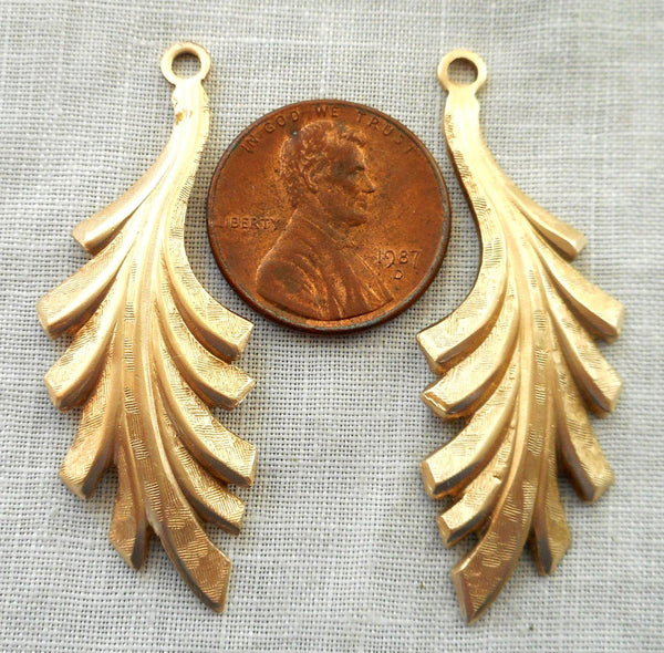 Two raw brass leaf stampings, art nouveau, pendants, charms, earrings 45mm by 16mm, USA made, 5702 - Glorious Glass Beads