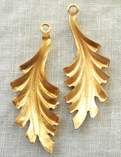 Two raw brass leaf stampings, art nouveau, pendants, charms, earrings 45mm by 16mm, USA made, 5702 - Glorious Glass Beads
