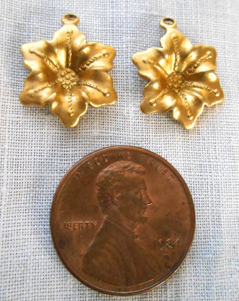 Two Raw Brass Stampings, Victorian flower dangles, charms, earrings 17mm x 15mm, made in the USA, C7702 - Glorious Glass Beads