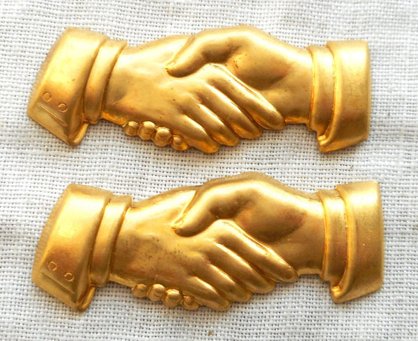 Two Raw Brass Stampings, Victorian symbol of shaking hands, charms, drops, earrings, connectors, 33mm x 15mm, made in the USA, C2302