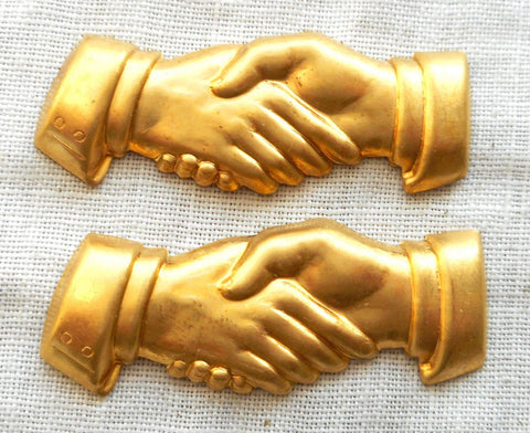 Two Raw Brass Stampings, Victorian symbol of shaking hands, charms, drops, earrings, connectors, 33mm x 15mm, made in the USA, C2302 - Glorious Glass Beads