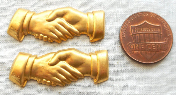 Two Raw Brass Stampings, Victorian symbol of shaking hands, charms, drops, earrings, connectors, 33mm x 15mm, made in the USA, C2302 - Glorious Glass Beads