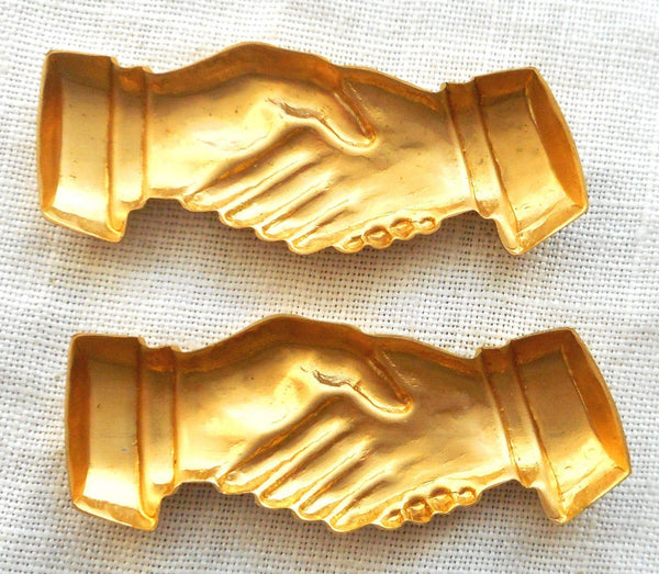 Two Raw Brass Stampings, Victorian symbol of shaking hands, charms, drops, earrings, connectors, 33mm x 15mm, made in the USA, C2302 - Glorious Glass Beads