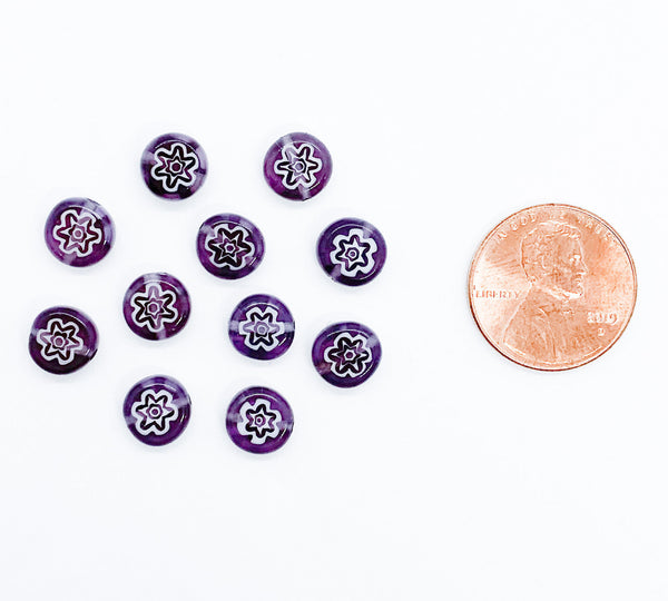 Ten 8mm cane or millefiori glass beads - amethyst purple and white coin or disc beads - C0008