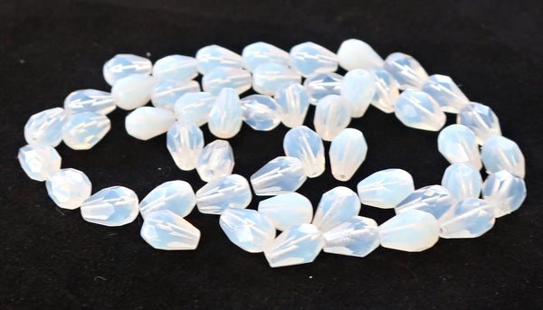 Lot of 25 7 x 5mm translucent Milky White teardrop Czech glass beads, faceted firepolished tear drops C2701 - Glorious Glass Beads