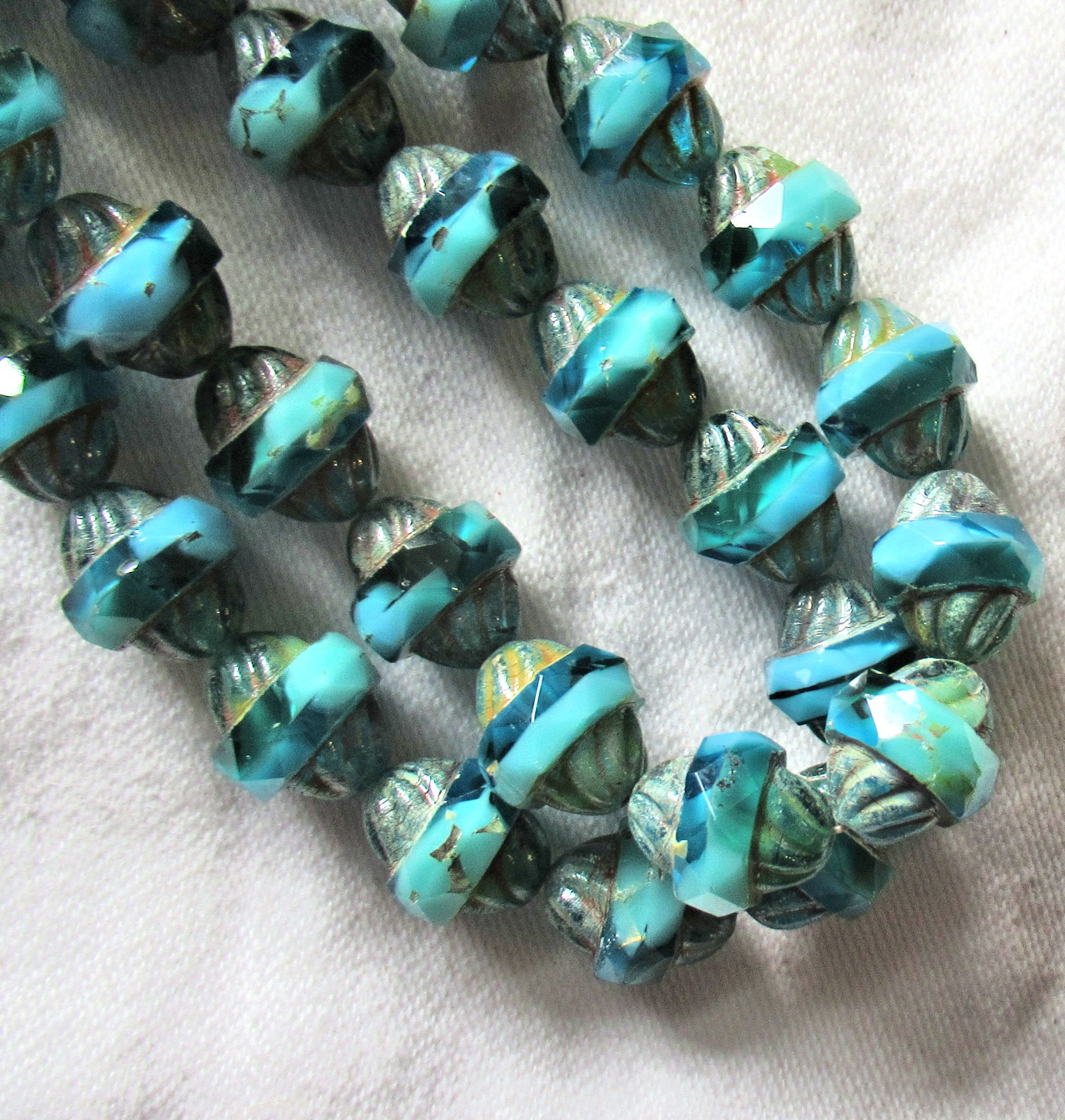 Five Czech glass turbine beads - 11 x 10mm opaque & transparent mix of aqua blue beads with a picasso finish, saturn beads C72101