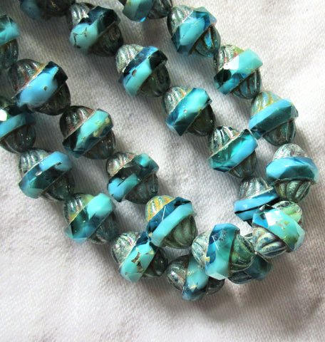 Five Czech glass turbine beads - 11 x 10mm opaque & transparent mix of aqua blue beads with a picasso finish, saturn beads C72101