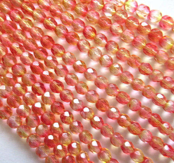 25 6mm Czech glass beads - fuchsia lemon dual coated pink & yellow / orange - faceted round fire polished beads 0075