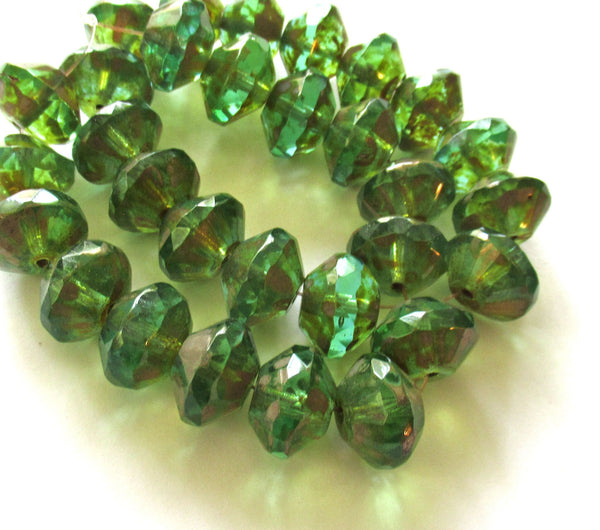 Five Czech large glass faceted rivoli saucer beads - 9 x 13mm peridot green w/ picasso finish - chunky rustic earthy beads C00822