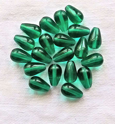 Lot of 25 Czech glass drop beads - center drilled smooth teardrop shaped teal blue green or emerald beads - 10 x 6mm C0054
