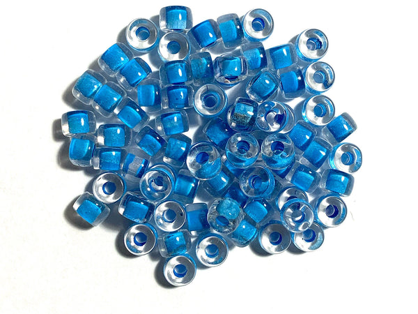 Twenty-five 9mm Czech glass pony, crow, roller beads - blue lined large hole beads - C0078