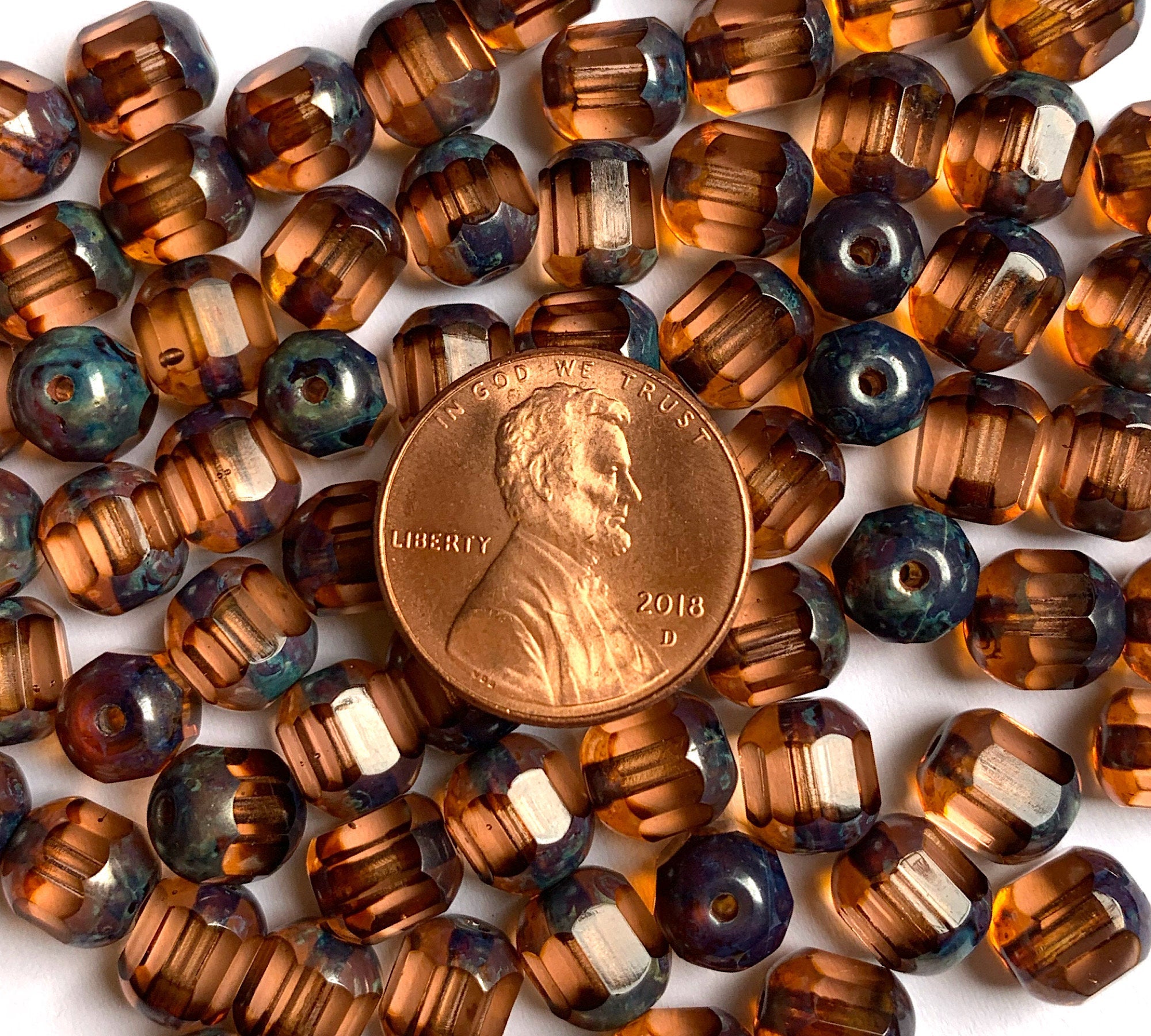 15 Czech glass faceted cathedral or barrel beads six sides - 8mm fire polished transparent pink beads with picasso finish on the ends C0083