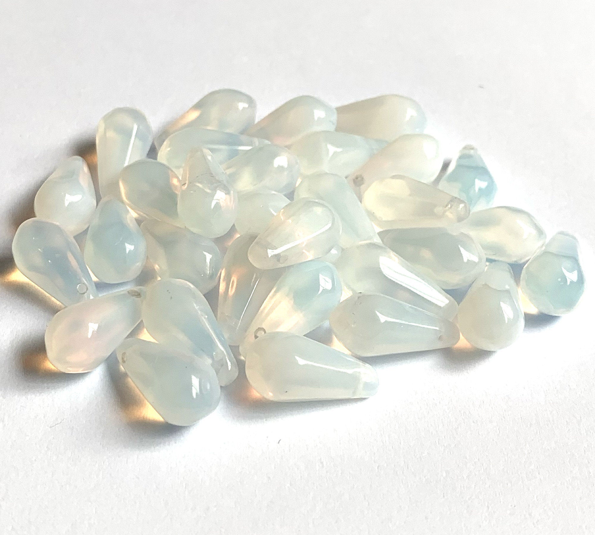 Ten large Czech glass teardrop beads - 9 x 18mm milky white opal pressed glass side drilled six sided drops C0045