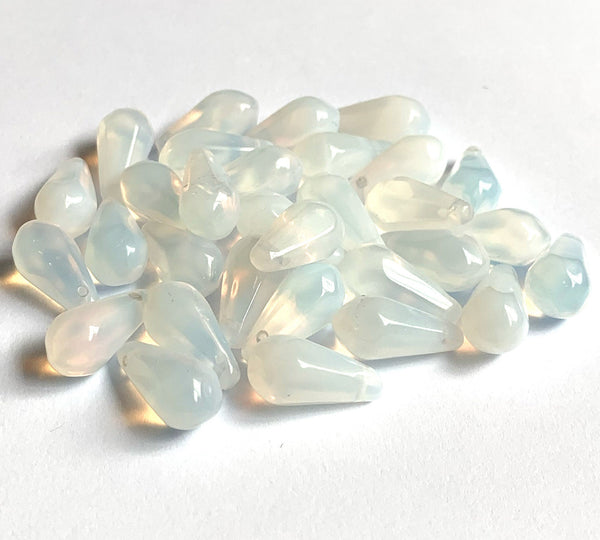 Ten large Czech glass teardrop beads - 9 x 18mm milky white opal pressed glass side drilled faceted drops six sides C0045