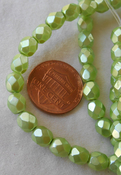 30 6mm Czech glass beads, Pistachio Pearl, Light Green Satin, firepolished, faceted round beads C5830