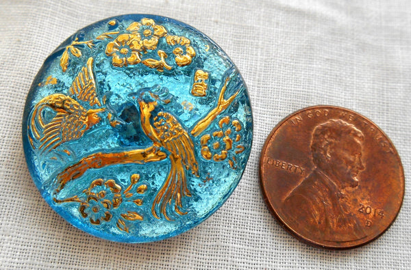 One 27mm Czech translucent aqua blue and gold glass peacock decorative shank button C02201