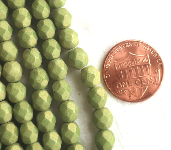Lot of 25 6mm Opaque Pacifica Avocado green Czech glass beads, firepolished, faceted round beads, C8625 - Glorious Glass Beads