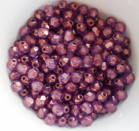 25 6mm Czech glass beads, Lumi Amethyst Purple Iridescent firepolished, faceted round beads C9425