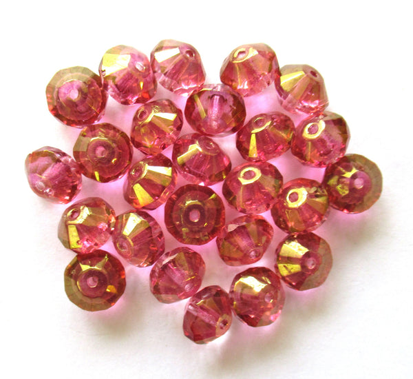 15 pink faceted Czech glass rivoli or saucer beads - 6 x 9mm transparent pink with crystal centers and gold accents - C05101