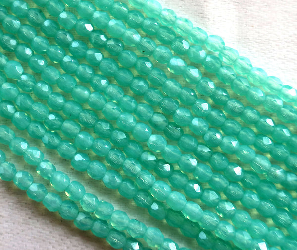 Lot if fifty 3mm Milky Peridot Green Czech glass beads, Firepolished, faceted round beads C8550