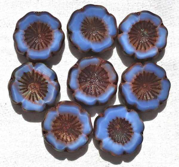 Lot of five 16mm table cut, carved,opaque milky blue & pink picasso Hawaiian flower Czech glass beads C05101