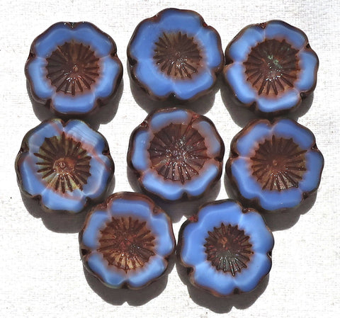 Lot of five 16mm table cut, carved,opaque milky blue & pink picasso Hawaiian flower Czech glass beads C05101 - Glorious Glass Beads