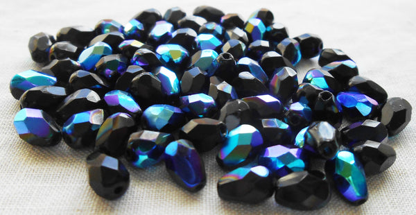 Lot of 25 7 x 5mm Jet Black AB teardrop Czech glass beads, faceted firepolished beads C9601 - Glorious Glass Beads