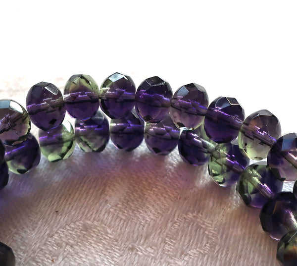 25 6 x 9mm Czech glass puffy rondelles, multicolored mix of transparent purple & green faceted puffy rondelle beads, C76225 - Glorious Glass Beads