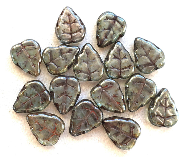 Lot of 25 12 x 10mm Czech Lumi Green center drilled, earthy, rustic Birch leaf beads, Czech glass beads C63125