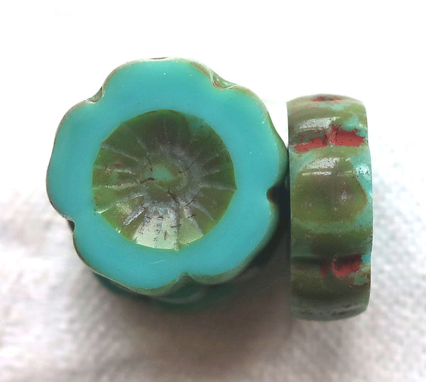 Six 14mm Czech glass flower beads, opaque turquouse blue green picasso, table cut, carved Hawaiian Flower beads C02106 - Glorious Glass Beads