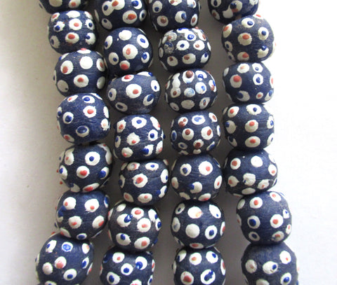 Lot of 8 African Ghana Krobo round glass evil eye beads - blue beads with color mix dots - 11-12mm - big hole rustic earthy beads - C0039