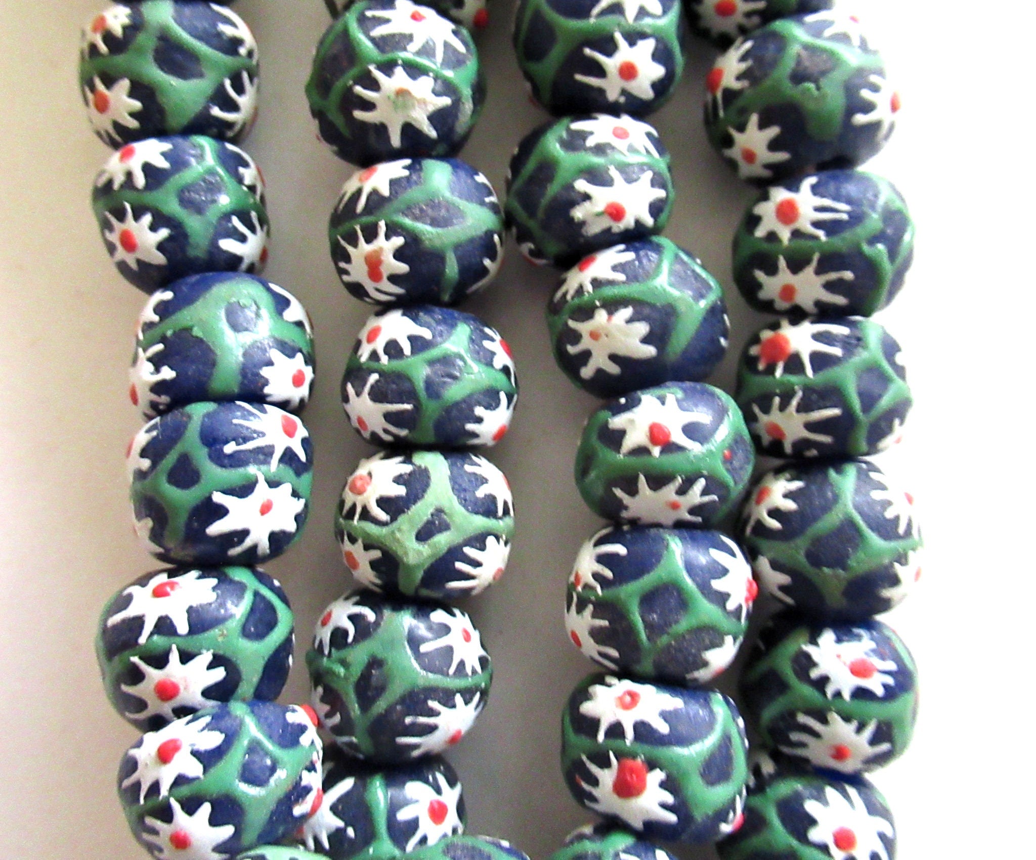 Lot of 8 African Ghana Krobo round glass flower beads - blue beads with white flowers - 11-12mm - big hole rustic earthy beads - C0039