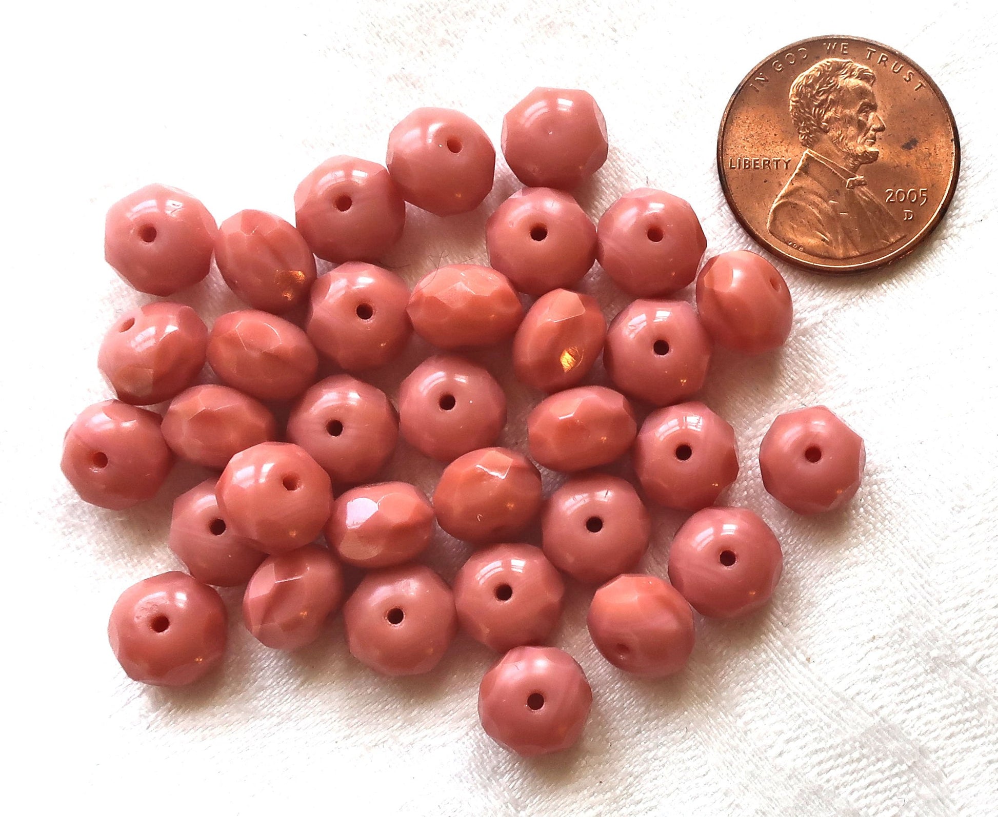 25 Czech glass faceted puffy rondelle beads, 6 x 8mm opaque silky salmon pink rondelles on sale 57101 - Glorious Glass Beads