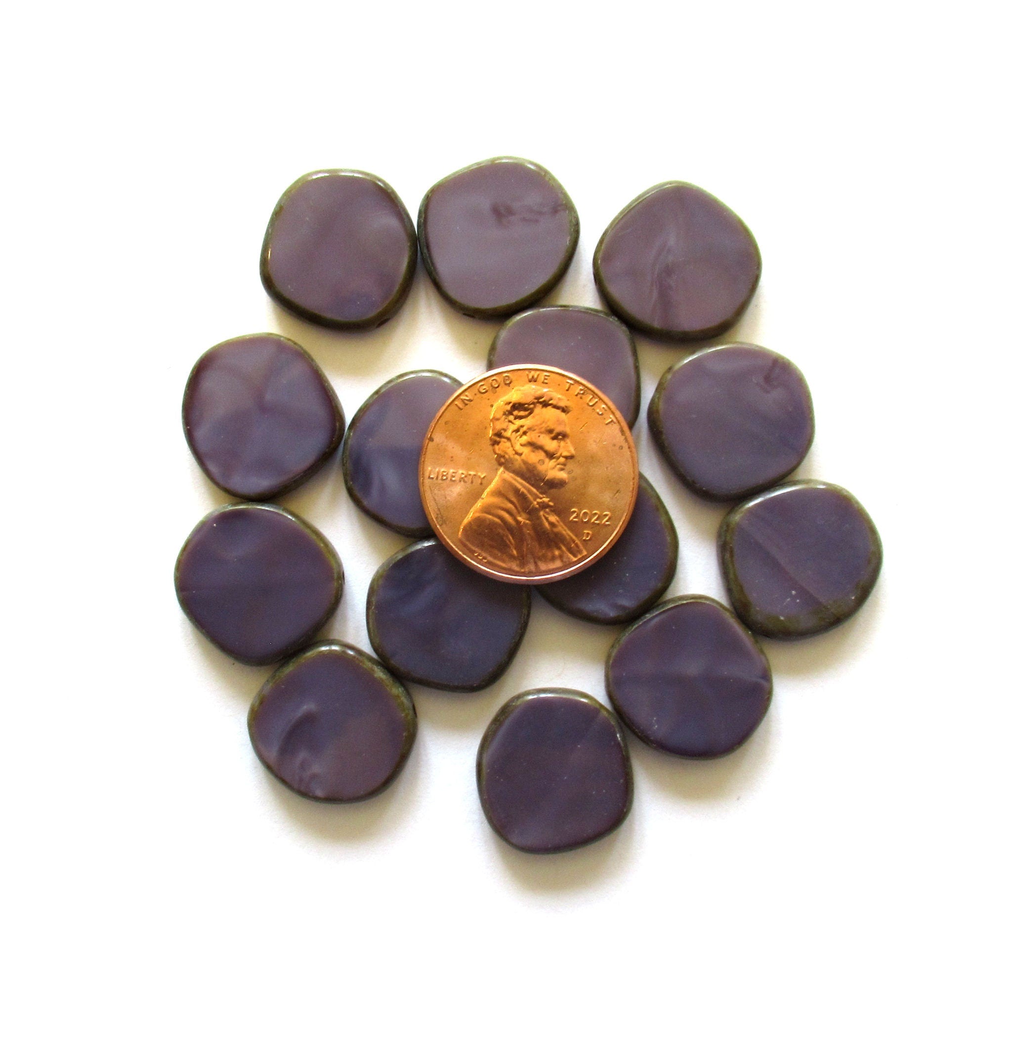 Six 15mm Czech glass asymmetrical coin or disc beads - opaque amethyst / purple silk picasso table cut beads - C00531